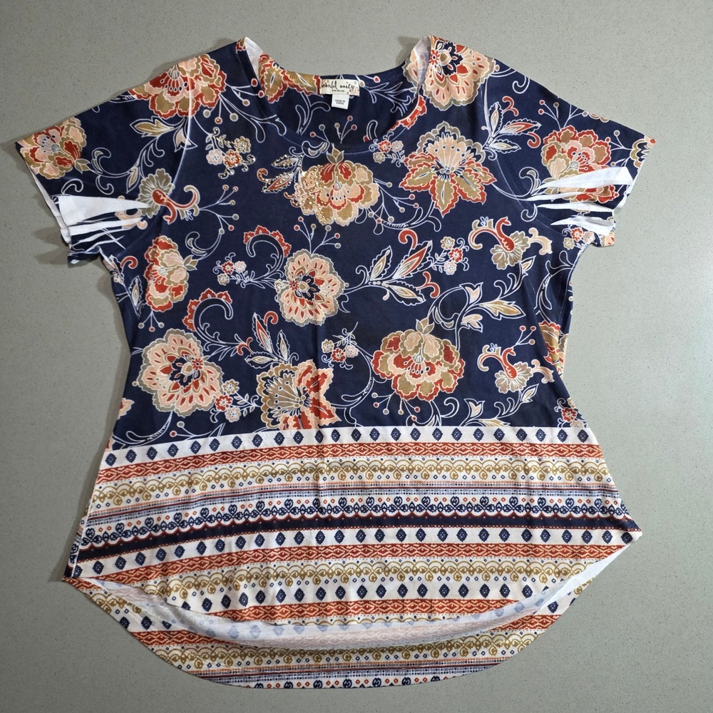 World Unity Woman Navy Floral Geometric Rhinestone Cutout Sleeve Top 1X